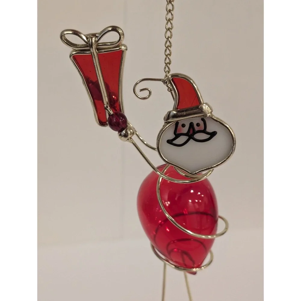 Wire Wrapped Stained Glass Hanging Santa Ornament Decor Acrylic Gold Tone 10